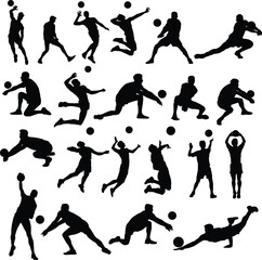 Set of men volleyball player silhouette illustration. People pose when playing volleyball.