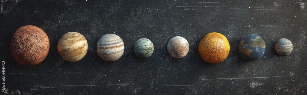 Poster High resolution images of planets in the solar system on a chalkboard featured in a 3D cartoon rendering of Mercury