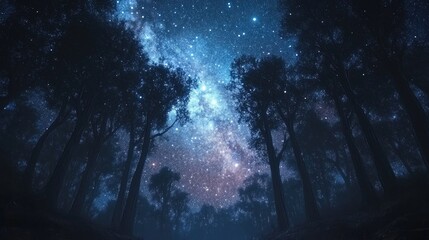 Fototapeta premium Beautiful bright Milky Way galaxy in a dark forest depicted in a 3D cartoon rendering Starry sky night landscape