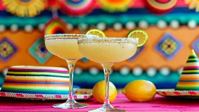 Vibrant fiesta margarita cocktails with colorful mexican backdrop