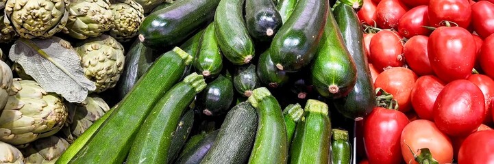 Fresh zucchinis, tomatoes, and artichokes displayed at a local farmer's market, ideal for promoting healthy eating and Mediterranean cuisine