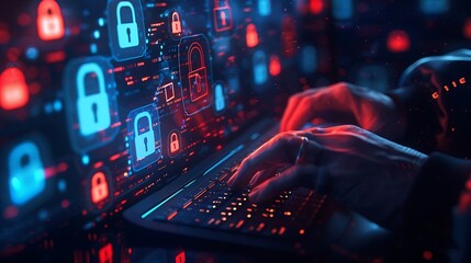 Fototapeta premium A scene focused on cybersecurity and data protection, with glowing blue and red lock icons floating in a dark space, a hacker typing on a keyboard