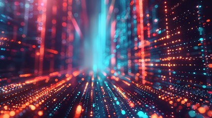 An abstract 3D background focusing on technology, business, communication, and the future, with virtual reality elements and a sense of interconnected digital worlds