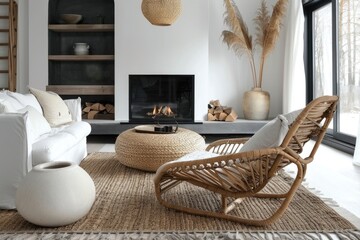 Cozy Living Room with White Sofa, Wicker Chair, and a Fireplace
