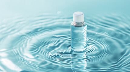 Small cosmetic bottle with transparent liquid face product, serum stands on the surface of blue water