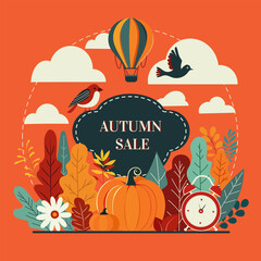 Autumn sale banner with leaves, pumpkins, clock and balloon. Promotional poster, store discount flyer or discount coupon. Cartoon vector illustration.