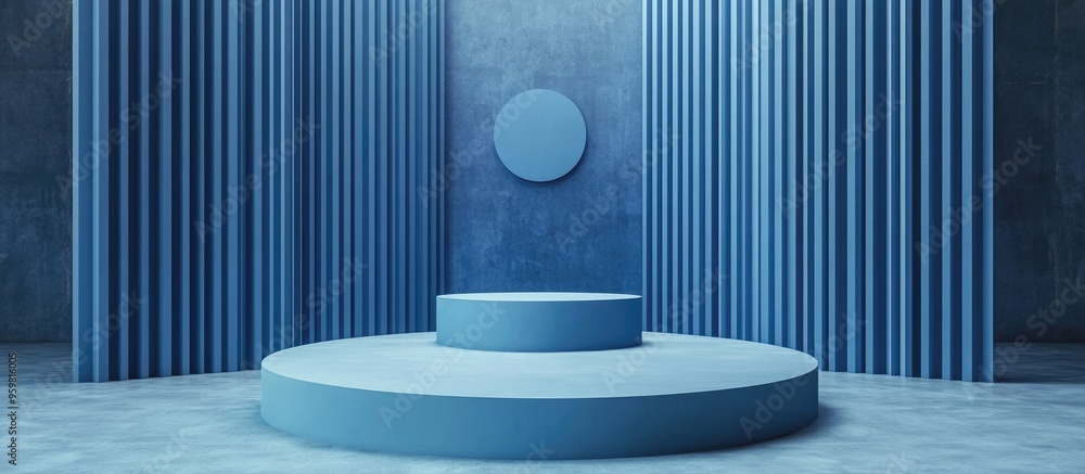 Poster blue podium display mockup for product presentation 3d rendering