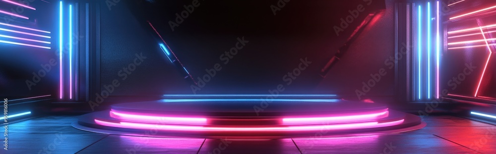 Poster neon futuristic podium showcase 3d rendering