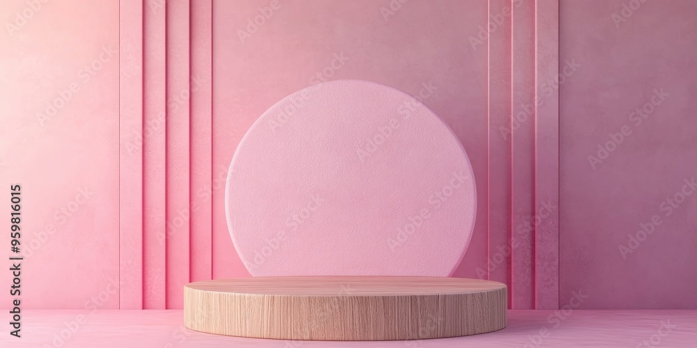 Poster pink geometric shapes on a wooden cylindrical podium abstract pastel background decorative elements 