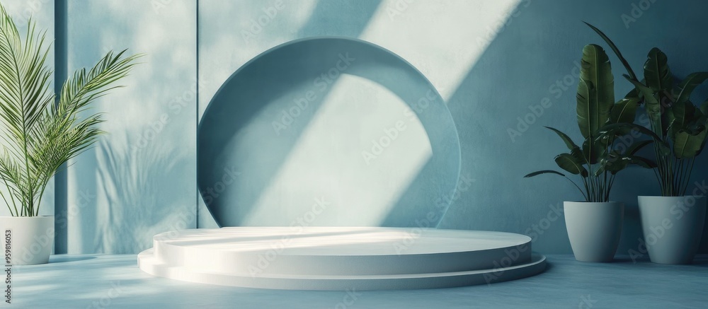 Poster minimalist composition featuring a podium and abstract backdrop geometric elements in soft blue hues