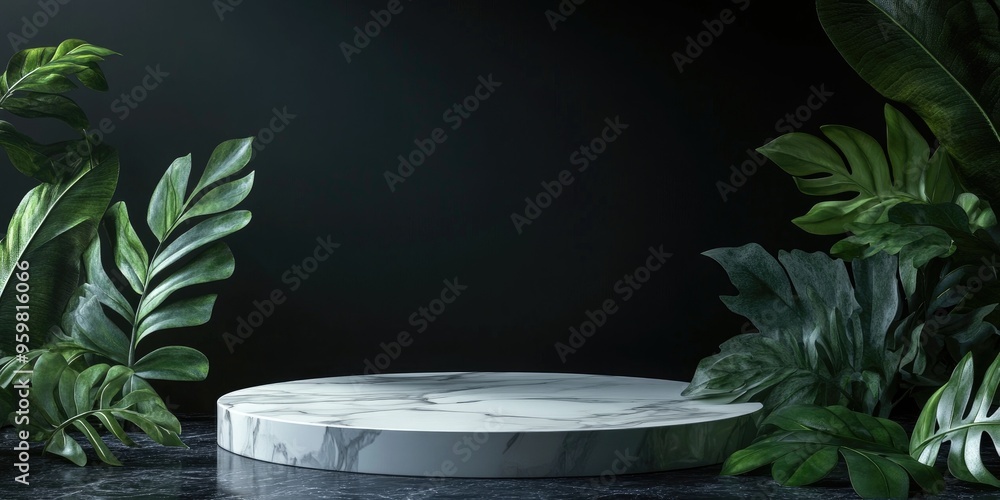 Poster natural leaf against a dark background featuring a white marble podium mockup empty platform for pro