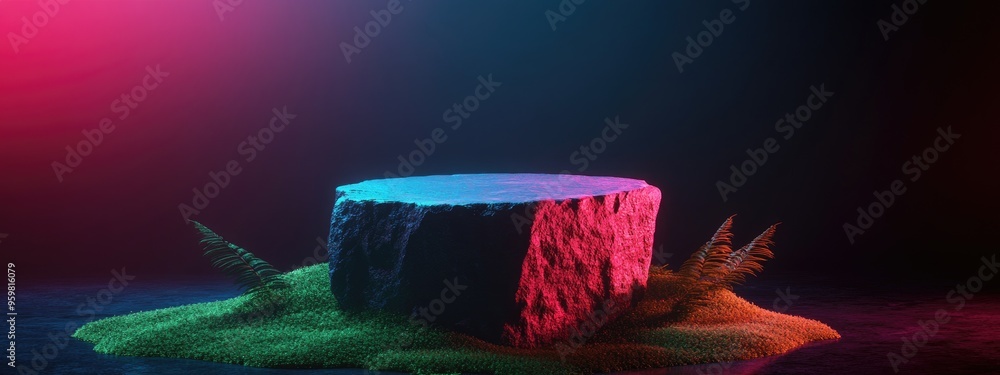 Poster 3d stone pedestal showcase against a dark background featuring green moss ideal for cosmetic product