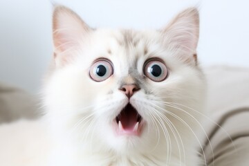 Fototapeta premium Surprised white cat with wide eyes sitting on a soft surface indoors during daylight hours