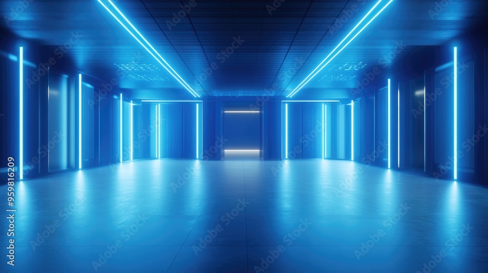 Poster futuristic light blue studio space featuring a spacious hall illuminated with blue lights designed f