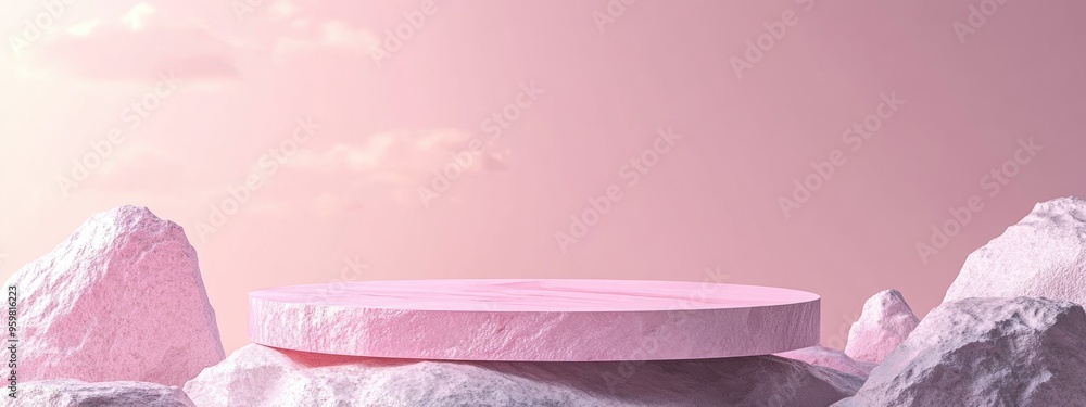 Aufkleber minimalistic pink rock podium and stage for product or cosmetics promotion with a backdrop abstract 