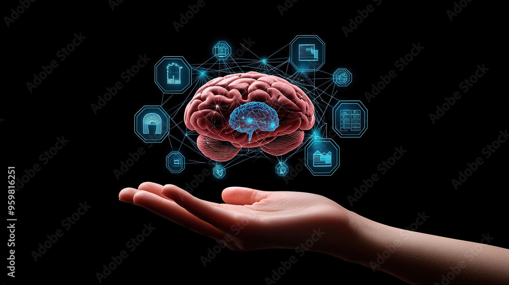 Poster abstract brain hologram background. digital brain. brain artificial intelligence concept. brain acti
