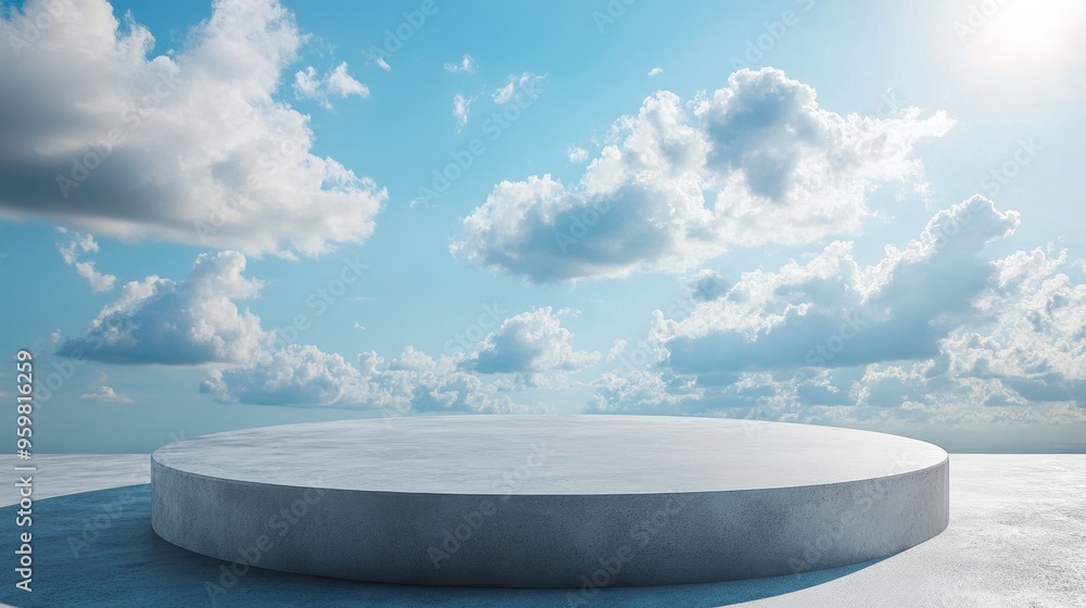 Poster cement pedestal for product presentation concrete platform under a blue sky with clouds blank illumi