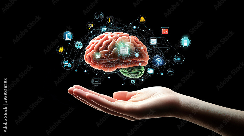 Poster abstract brain hologram background. digital brain. brain artificial intelligence concept. brain acti