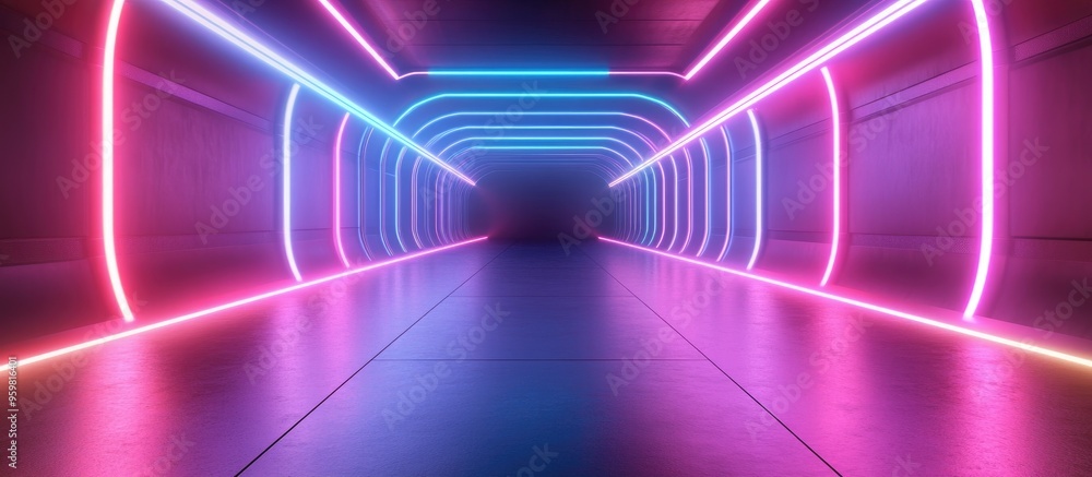 Aufkleber futuristic interior tunnel with glowing colorful neon lights 3d rendering