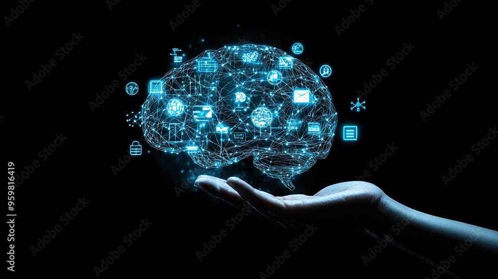 Poster abstract brain hologram background. digital brain. brain artificial intelligence concept. brain acti