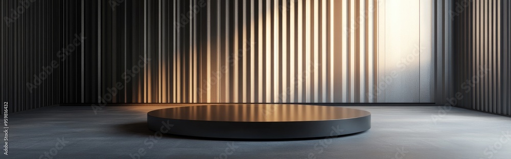 Aufkleber Sleek metal backdrop featuring a pedestal and podium in a studio setting 3D illustration and rendering