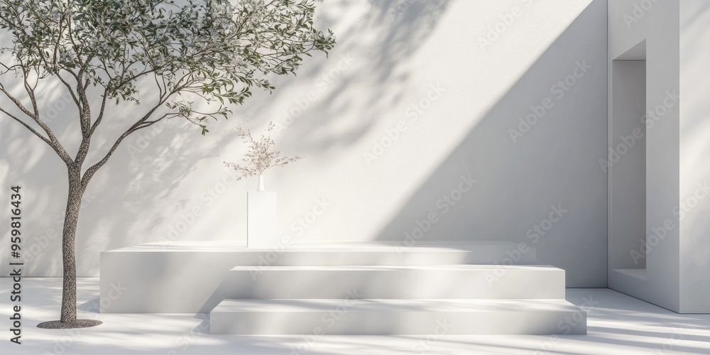 Poster minimalist studio scene featuring a white room product stand and tree 3d rendering
