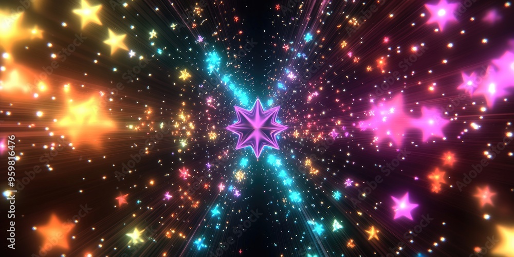 Poster abstract motion through a vibrant disco star corridor with glowing elements