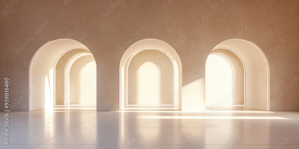 Poster Glowing arched openings in an empty room interior 3D rendering