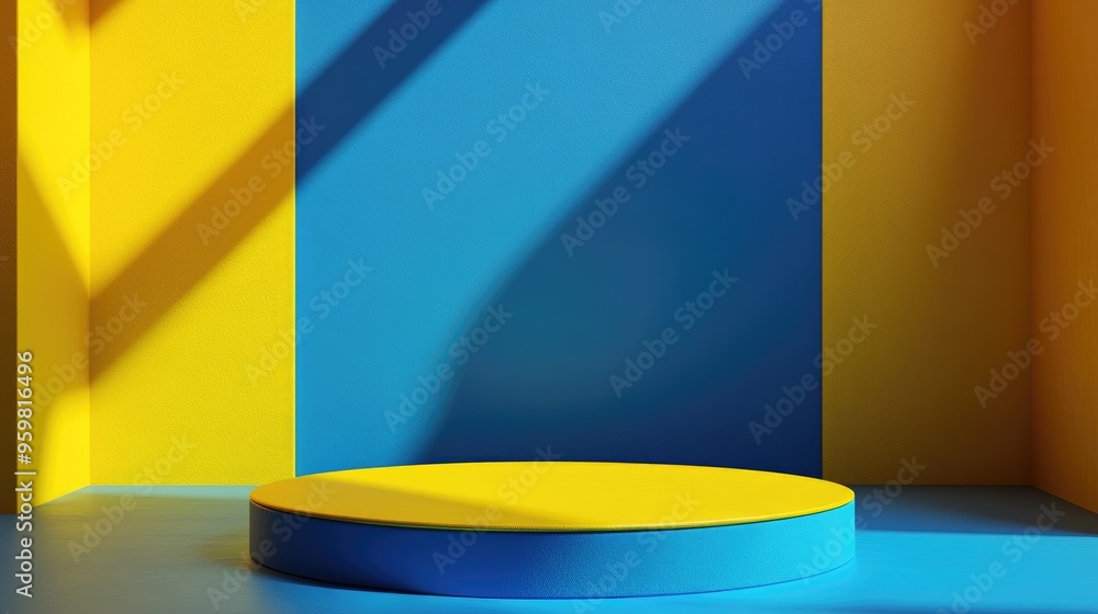 Poster Blue podium against a yellow abstract backdrop 3D render graphic design