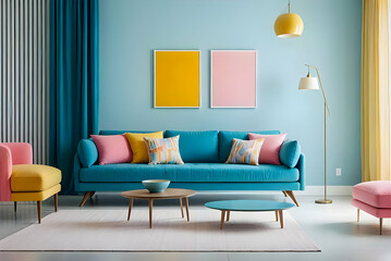 Mid century, scandinavian interior design of modern living room with blue sofa.
