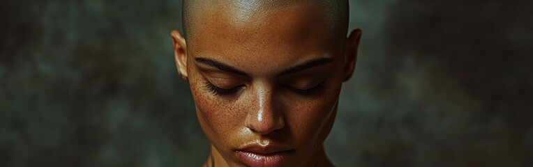 Empowered young woman with shaved head standing against floral background