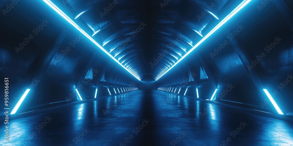 Fototapete Abstract blue light tunnel with rays neon highlights and spotlights Dark empty scene featuring cold neon tones Symmetrical reflection and perspective 3D rendering
