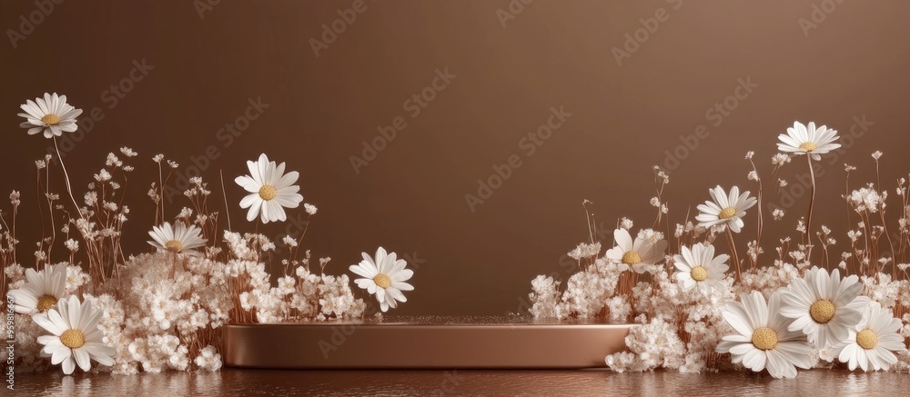 Poster cosmetic display stand featuring daisy blossom flowers on a brown background 3d rendering