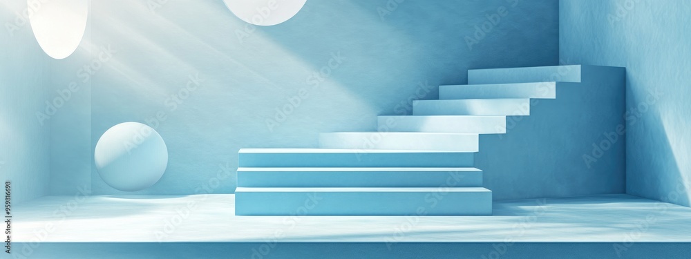 Poster empty podium featuring stairs and geometric shapes in a sky blue pastel arrangement designed for mod
