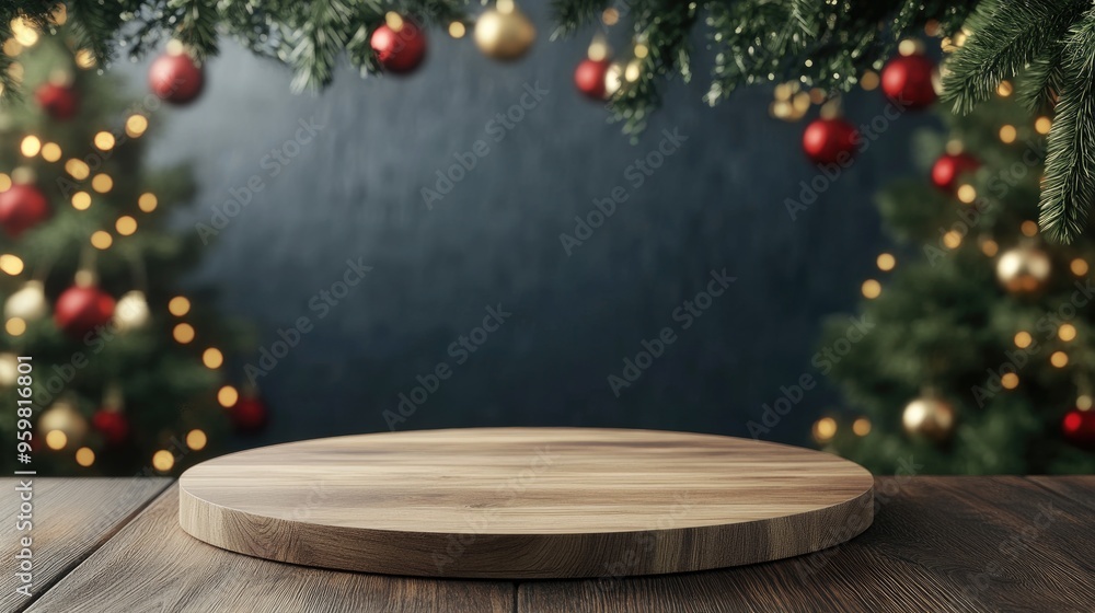 Poster festive background and display podium for product promotion on wooden tabletop 3d rendering