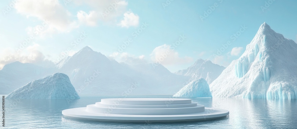 Poster stylish 3d render of podium on water with scenic ocean and ice mountain background for cosmetic prod