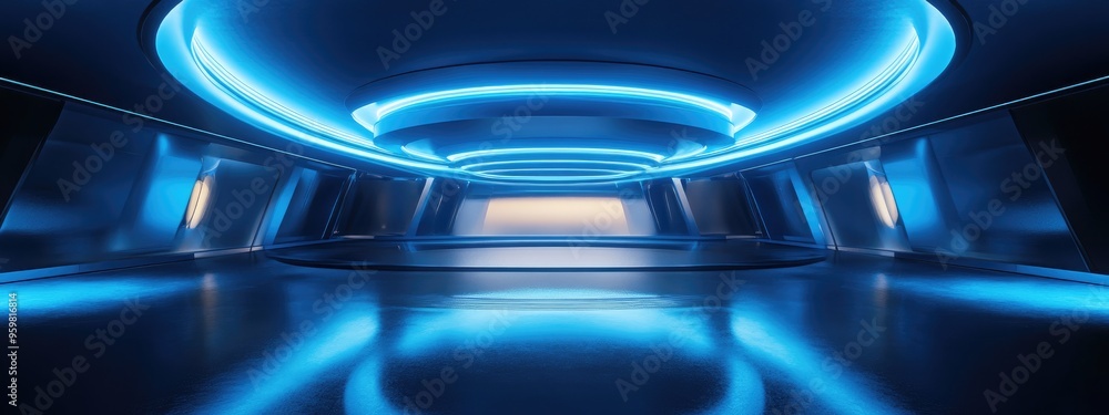 Poster showcase of a modern futuristic design featuring blue lighting 3d rendering