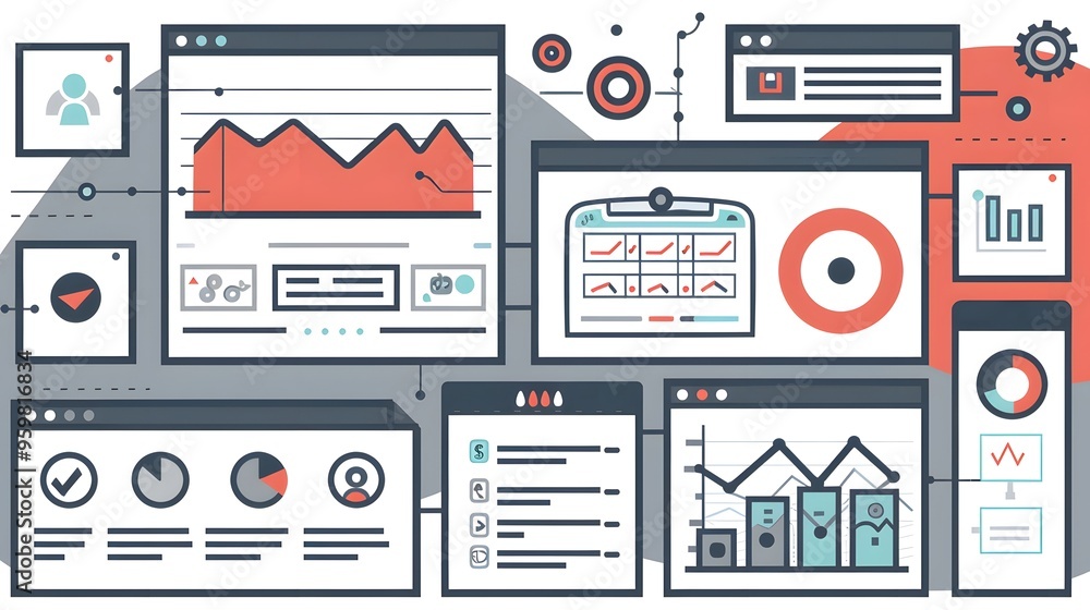 Poster visualization of a/b testing processes, showing different variations of a webpage or app feature and