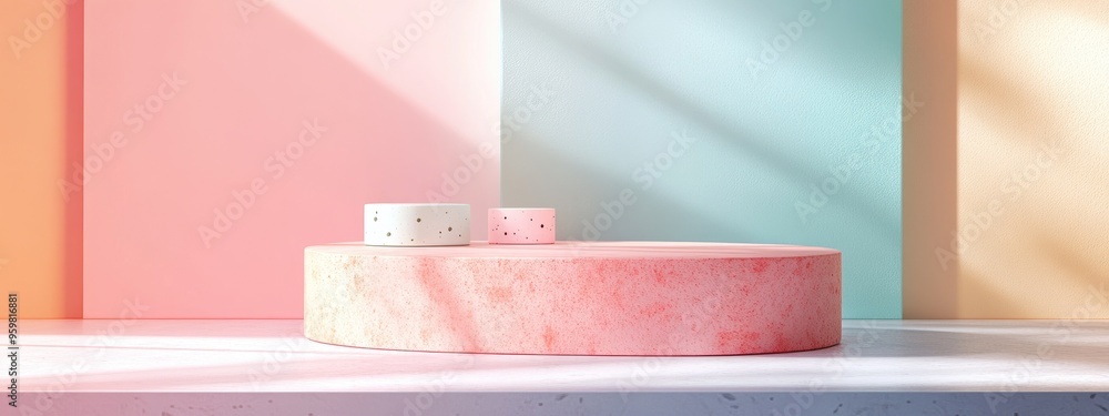 Poster Abstract 3D render featuring a mock up podium for showcasing products with a minimal geometric background