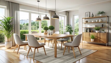 A sleek modern dining table and chairs occupy the center of a bright and airy home interior, perfect