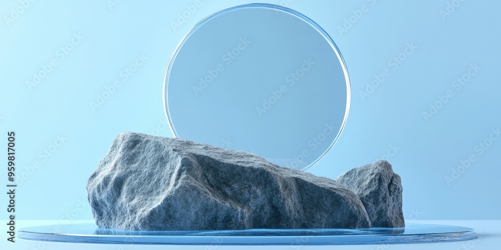 Poster Glass platform against a blue backdrop featuring a stone beneath and a circular glass element in the background creating an abstract setting for product display 3D rendering