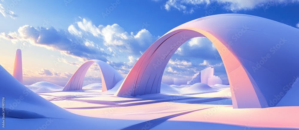 Poster surreal pastel landscape featuring geometric shapes and abstract desert dunes complemented by arches