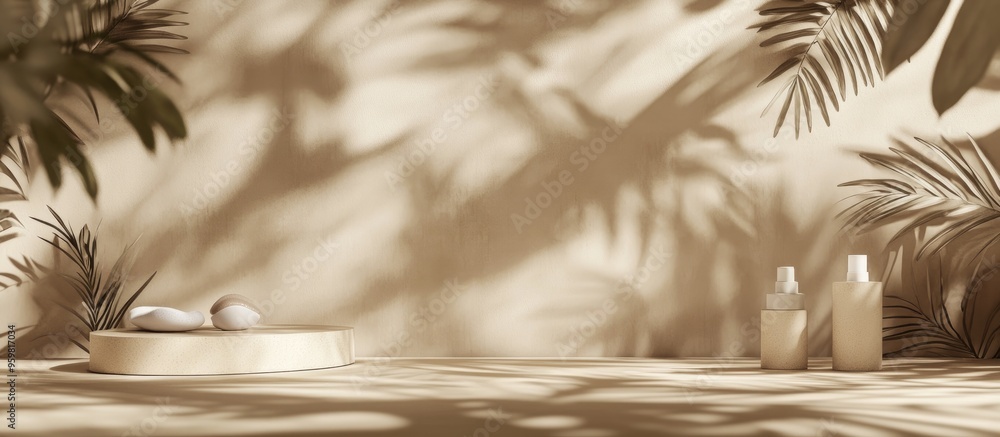 Poster cosmetic display podiatrist casting shadows of natural leaves on a brown background 3d rendering
