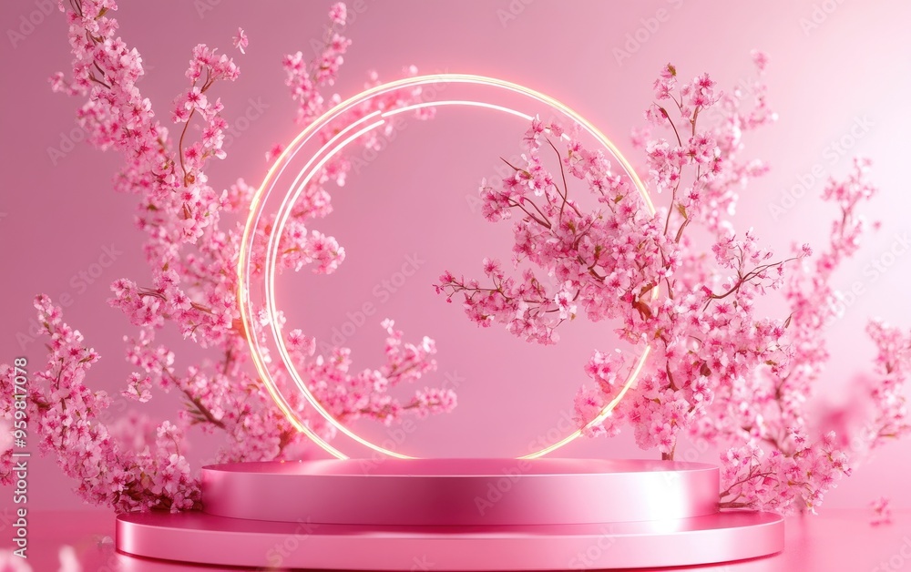 Poster abstract spring scene featuring a geometric levitation podium with a blossoming sakura tree against 