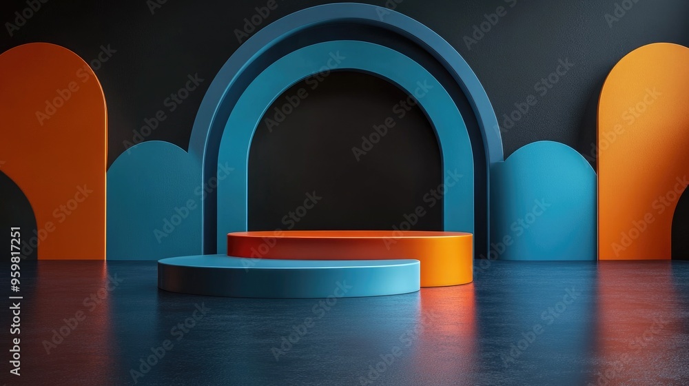 Poster cosmetic display featuring a black blue and orange background with a premium podium for product bran