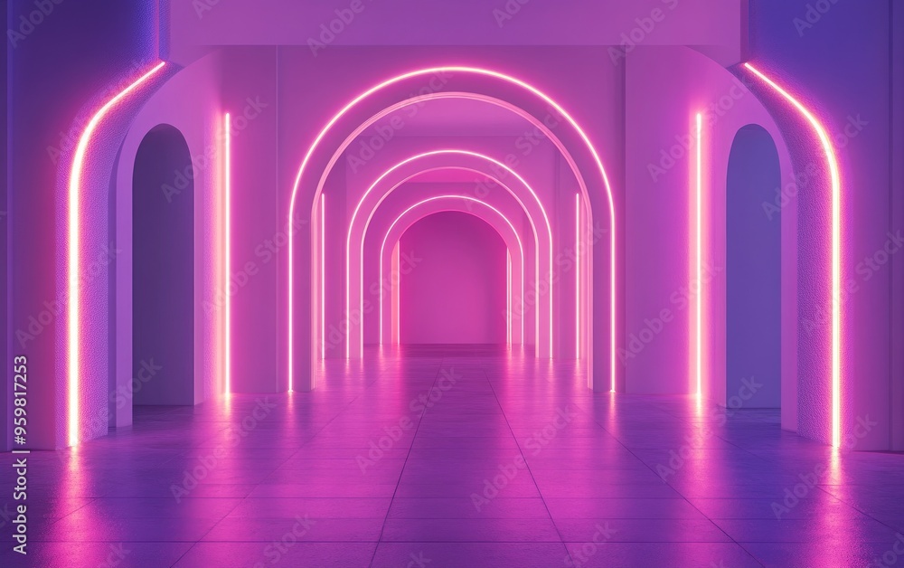 Poster Empty room interior featuring archway openings with ambient lighting 3D rendering