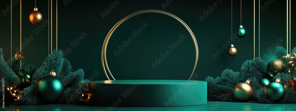 Poster minimalist abstract christmas scene featuring geometric shapes with a cylindrical podium set against
