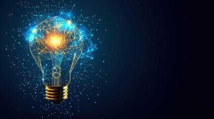 A light bulb with a glowing brain inside. Symbolizing creative thinking and innovation in a business. Innovation technology digital. Icon for smart technology innovation. Modern Tech. Copy space area