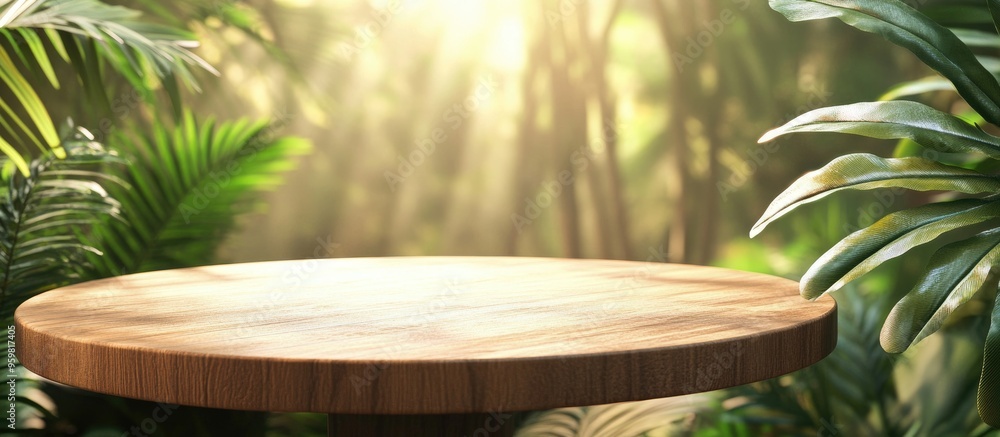 Aufkleber realistic 3d rendered background for product display close up of a round empty oak table illuminated