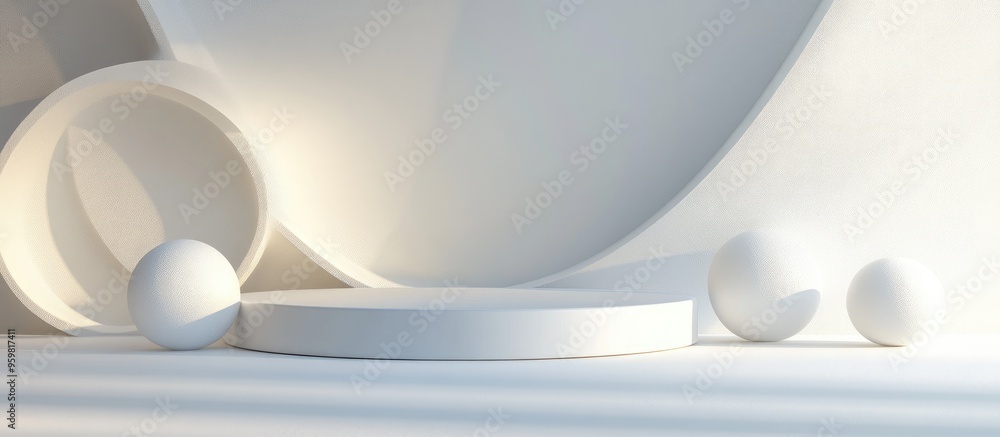 Poster Minimalistic 3D rendering of a podium with geometric circular shapes